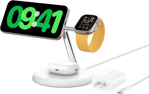 Belkin 3-in-1 Wireless Charging Stand with Magnetic MagSafe Compatible Qi2 15W, Fast Charging iPhone Charger for iPhone 15, 14, and 13 Series, AirPods, Apple Watch, & More (PSU Included) - Black in Kuwait