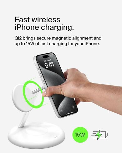Belkin 3-in-1 Wireless Charging Stand with Magnetic MagSafe Compatible Qi2 15W, Fast Charging iPhone Charger for iPhone 15, 14, and 13 Series, AirPods, Apple Watch, & More (PSU Included) - Black in Kuwait