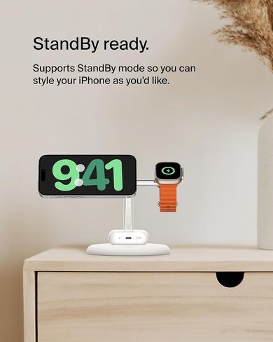 Belkin 3-in-1 Wireless Charging Stand with Magnetic MagSafe Compatible Qi2 15W, Fast Charging iPhone Charger for iPhone 15, 14, and 13 Series, AirPods, Apple Watch, & More (PSU Included) - Black in Kuwait