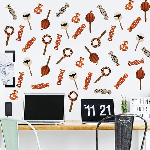 Maydahui Halloween Candy Wall Stickers Pumpkin Lollipop Bats Wall Decal (50 x 50 Inch) Peel Stick Removable Wall Decor for Party Kitchen Candy Store Trick or Treat Basket in Saudi Arabia