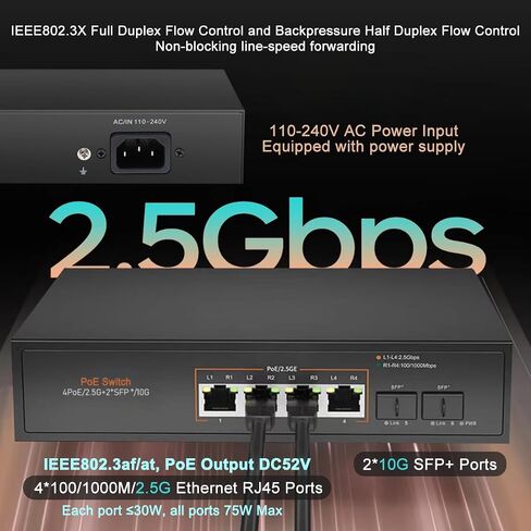 4 منافذ 2.5G PoE Switch مع 10G SFP + Slot IEEE802.3af/at 30W حتى 75W 10/100/1000M/2.5G محول إيثرنت لسطح المكتب غير مُدار من ألياف الشبكة 110-240 فولت تيار متردد in Saudi Arabia