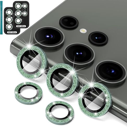Suoman [5+5 PCS] for Samsung Galaxy S23 Ultra Camera Lens Protector, Premium Tempered Glass Glitter Camera Lens Protector for Samsung Galaxy S23 Ultra 5G 6.8 Inch [Glitter Diamonds] - Bling Green in Saudi Arabia