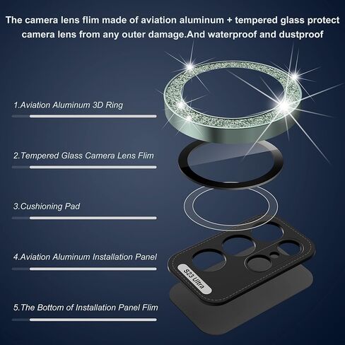 Suoman [5+5 PCS] for Samsung Galaxy S23 Ultra Camera Lens Protector, Premium Tempered Glass Glitter Camera Lens Protector for Samsung Galaxy S23 Ultra 5G 6.8 Inch [Glitter Diamonds] - Bling Green in Saudi Arabia