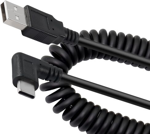 YACSEJAO Coiled USB C Charging Cable Retractable USB 2.0 to 90 Degree Type C Right Angle Fast Charging and Data Sync L Shape Powerline Cord with Most Type C USB Devices in Saudi Arabia