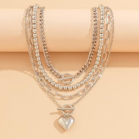 4Pcs Chunky Layered Heart Pendant Necklace Set,Dainty 14k Gold Beaded Double Ot Buckle Choker Necklace Charm Herringbone Paperclip Chain Coin Necklace in Kuwait