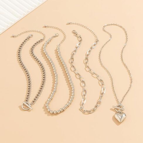 4Pcs Chunky Layered Heart Pendant Necklace Set,Dainty 14k Gold Beaded Double Ot Buckle Choker Necklace Charm Herringbone Paperclip Chain Coin Necklace in Kuwait