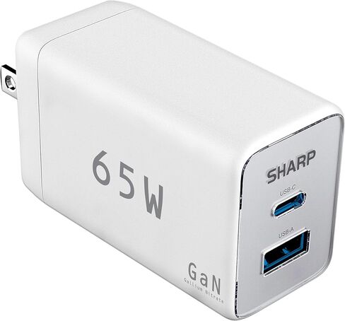 شاحن شارب USB C، 65 وات، 2 منفذ (USB A+C)، شحن سريع GaN مدمج قابل للطي لأجهزة MacBook Pro/Air، iPad Pro، Galaxy S23، Dell XPS 13، Note 20/10+، iPhone 15/Pro، والمزيد - أبيض in Kuwait