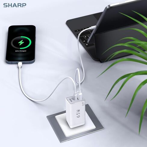 شاحن شارب USB C، 65 وات، 2 منفذ (USB A+C)، شحن سريع GaN مدمج قابل للطي لأجهزة MacBook Pro/Air، iPad Pro، Galaxy S23، Dell XPS 13، Note 20/10+، iPhone 15/Pro، والمزيد - أبيض in Kuwait