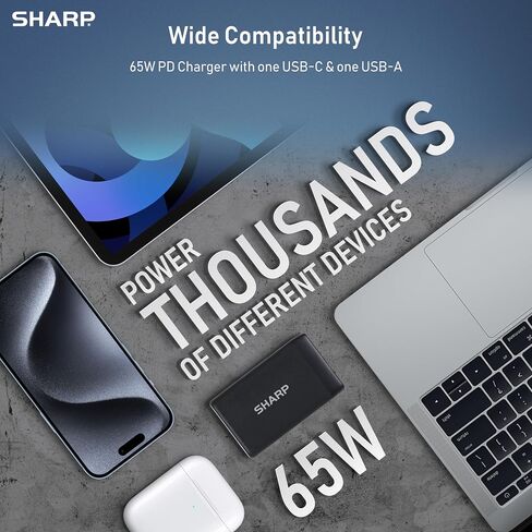 Sharp USB C Charger, 65W, 2 Port (USB A+C), Compact Foldable GaN Fast Charge for MacBook Pro/Air, iPad Pro, Galaxy S23, Dell XPS 13, Note 20/10+, iPhone 15/Pro, and More - White in Saudi Arabia