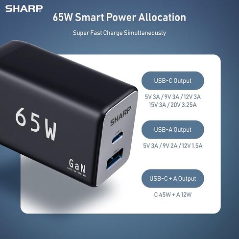 Sharp USB C Charger, 65W, 2 Port (USB A+C), Compact Foldable GaN Fast Charge for MacBook Pro/Air, iPad Pro, Galaxy S23, Dell XPS 13, Note 20/10+, iPhone 15/Pro, and More - White in Saudi Arabia
