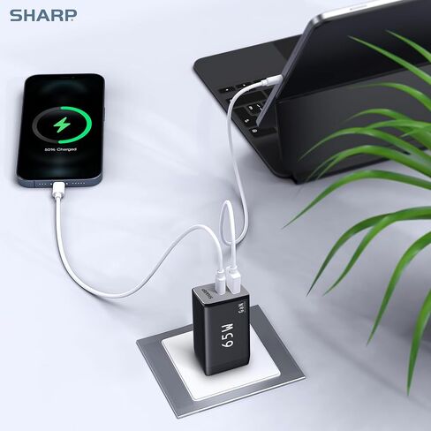 Sharp USB C Charger, 65W, 2 Port (USB A+C), Compact Foldable GaN Fast Charge for MacBook Pro/Air, iPad Pro, Galaxy S23, Dell XPS 13, Note 20/10+, iPhone 15/Pro, and More - White in Saudi Arabia