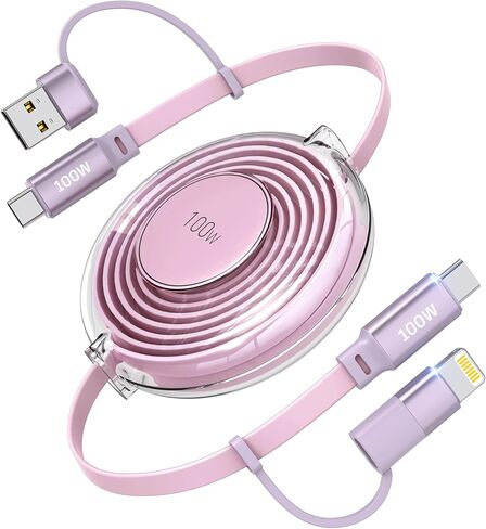 كابل USB C قابل للسحب 100 واط، كابل شحن متعدد 4 في 1 شحن سريع USB-C/A إلى Lightning/USB-C سلك شاحن هاتف قابل للسحب لهاتف iPhone 15 وSamsung وMacBook وiPad in Kuwait