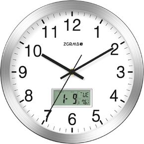 12" Atomic Analog Wall Clock with Digital Date, Week & Indoor Temp - Battery Operated Atomic Wall Clock, Auto Sets, Auto DST, Silver Brushed Finish, Easy to Read, Style fits Any Decor (Silver & Black)