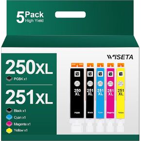 PGI-250XL CLI-251XL Ink 5 Color Value Pack Replacement for Canon 250 251 Ink Cartridges to use with MX922 MX920 MG5520 IP8720 IX6820 MG7520 MG6320 MG7120 Printer (PGBK, Black, Cyan, Magenta, Yellow)