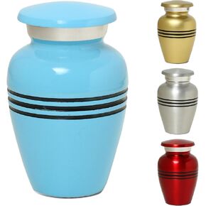 Small Cremation Urns for Funeral Remains Ashes of Men Women - Tri-Band Ruby Red Finished Mini Keepsake urn for Sacred Remains - Velvet Carry Bag - Paper Funnel - Gift Box