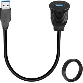 QIANRENON USB3.0 Threaded Fixed Mount Short Cable Adapter USB 3.0 Male to Female Embedded Mount Short Cord Connector, Max 5Gbps 5V/2A, Mounted on Dashboard of Car/Caravan/Boat, 30 cm/11.81in