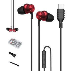 USB C Headphones Wired in-Ear,Type C Earphones,USB-C Wired Earbuds Deep Bass for iPhone 15 Pro Max iPad Air Plus Samsung Galaxy A53 A54 S21 S22 S23 Ultra OnePlus 10 Google Pixel7(Red)