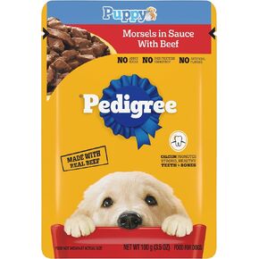 Pedigree Puppy Soft Wet Dog Food Morsels in Sauce with Beef, 3.5 oz Pouches, Pack of 16