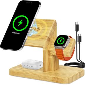 Wireless Charging Station for Apple, 20W Fast 3 in 1 Wireless Charger Stand, Bamboo Charging Station for iPhone 15/14/13/12 Pro/Max/Plus, for Apple Watch 8/7/6/SE/5/4/3/2, for Airpods 3/2/Pro