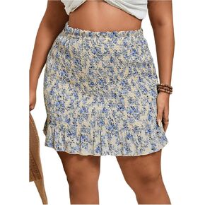 Floerns Women's Plus Size Boho Floral Print Ruffle Hem Shirred Bodycon Short Skirt