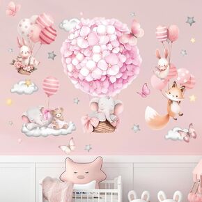 Animals Hot Air Balloon Wall Stickers - Elephant Bear Fox Wall Decals - Girls Bedroom Baby Nursery Kids Room Wall Decor