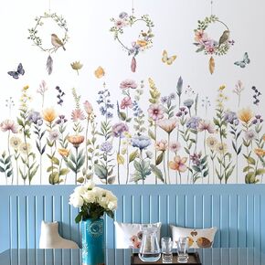 Garden Flower Wall Decals Boho Flower Wall Stickers Watercolor Wildflower Floral Grass Wall Art Plants Leaves Lavender Removable Peel and Stick Wallpaper for Kids Girls Bedroom Nursery Home Decoration