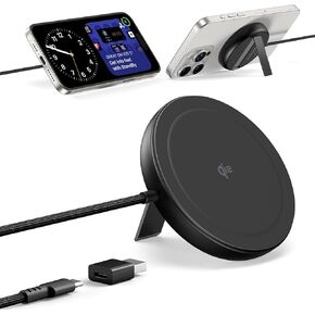Meifigno Qi2 Wireless Charger for MagSafe, 15W Magnetic Charger for iPhone Samsung with Metal Kickstand, Designed for iPhone 16 Pro Max/15/14/13/12/ Airpods Series, 5ft USB C/A Braided Cable, White