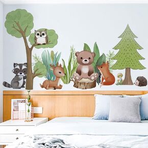 Runtoo Woodland Animal Wall Decals Bear Fox Forest Tree Wall Stickers for Kids Bedroom Nursery Wall Decor