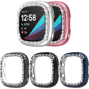 5 Pack Bling Hard PC Case No Screen Compatible with Fitbit Sense 2/Versa 4, Ultra-Thin Crystal Bumper Back Case Replacement for Fitbit Versa 4/Sense 2, Black/Silver/Rose Pink/Blue/Dark Grey