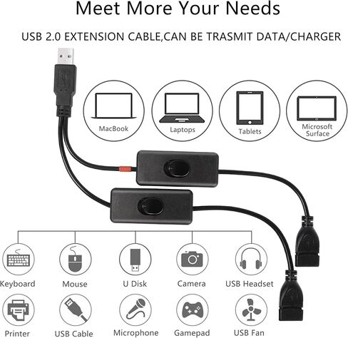 PNGKNYOCN Short USB Splitter with Switch,USB 2.0 1 Male to 2 Female Data&Charger Y Splitter Extension Cable (30cm) in Saudi Arabia