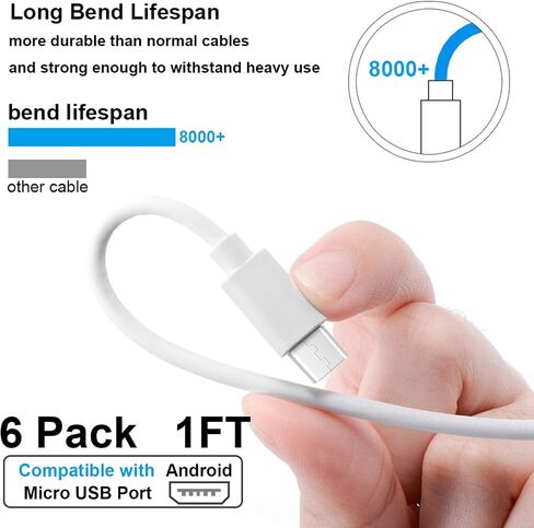 كابل Micro USB قصير (6 عبوات بطول 1 قدم أبيض)، سلك شاحن هاتف Android، كابلات بيانات شحن ومزامنة عالية السرعة لمحطة الشحن والهواتف الذكية وبنك الطاقة والمزيد in Saudi Arabia