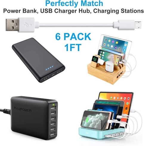 كابل Micro USB قصير (6 عبوات بطول 1 قدم أبيض)، سلك شاحن هاتف Android، كابلات بيانات شحن ومزامنة عالية السرعة لمحطة الشحن والهواتف الذكية وبنك الطاقة والمزيد in Saudi Arabia