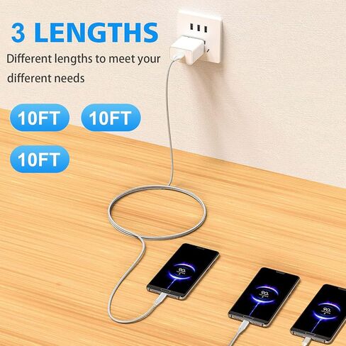 كابل شحن USB طويل من النوع C بطول 10 أقدام مكون من 3 قطع لهاتف Samsung Galaxy A53 5G/A23 A33 A54/A52 A52S/A42 A32/A51 A71 A12 A13 A14 A21 A20 A11 A10E A03S A02S A04S، REVVL 6 5G/6 Pro 5G، 3A شحن سريع in Kuwait