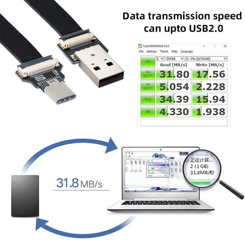 Cablecc USB 2.0 Type-A ذكر إلى USB-C Type-C ذكر كابل بيانات مسطح نحيف FPC لـ FPV والقرص والهاتف 20 سم in Saudi Arabia