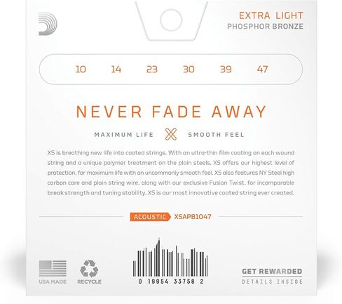 D'Addario Guitar Strings - XS Phosphor Bronze Coated Acoustic Guitar Strings - XSAPB12554 - Maximum Life with Smooth Feel & Exceptional Tone - For 6 String Guitars - 12.5-54, Light Plus in Kuwait