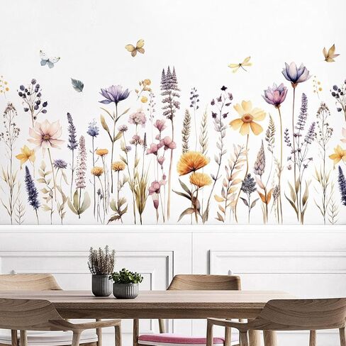 Garden Flower Wall Decals Boho Flower Wall Stickers Watercolor Wildflower Floral Grass Wall Art Plants Leaves Lavender Removable Peel and Stick Wallpaper for Kids Girls Bedroom Nursery Home Decoration in Saudi Arabia