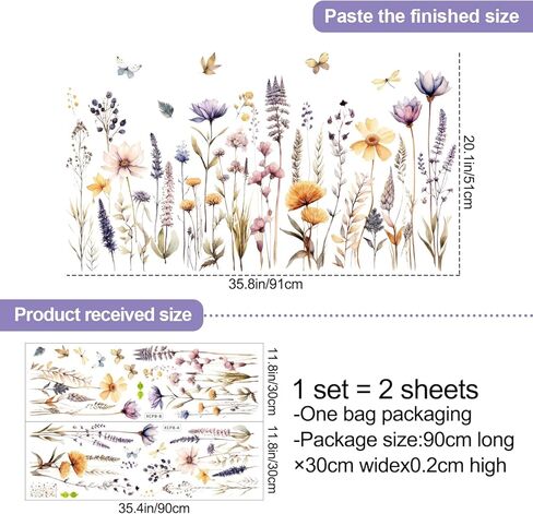 Garden Flower Wall Decals Boho Flower Wall Stickers Watercolor Wildflower Floral Grass Wall Art Plants Leaves Lavender Removable Peel and Stick Wallpaper for Kids Girls Bedroom Nursery Home Decoration in Saudi Arabia