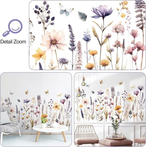 Garden Flower Wall Decals Boho Flower Wall Stickers Watercolor Wildflower Floral Grass Wall Art Plants Leaves Lavender Removable Peel and Stick Wallpaper for Kids Girls Bedroom Nursery Home Decoration in Saudi Arabia