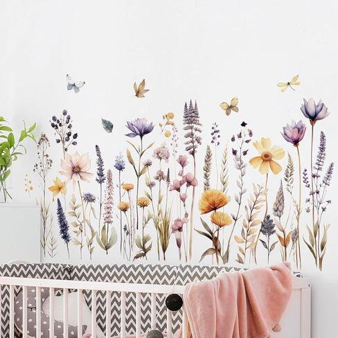 Garden Flower Wall Decals Boho Flower Wall Stickers Watercolor Wildflower Floral Grass Wall Art Plants Leaves Lavender Removable Peel and Stick Wallpaper for Kids Girls Bedroom Nursery Home Decoration in Saudi Arabia