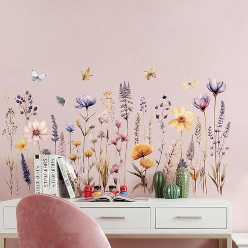 Garden Flower Wall Decals Boho Flower Wall Stickers Watercolor Wildflower Floral Grass Wall Art Plants Leaves Lavender Removable Peel and Stick Wallpaper for Kids Girls Bedroom Nursery Home Decoration in Saudi Arabia