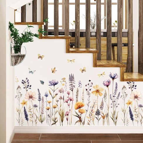 Garden Flower Wall Decals Boho Flower Wall Stickers Watercolor Wildflower Floral Grass Wall Art Plants Leaves Lavender Removable Peel and Stick Wallpaper for Kids Girls Bedroom Nursery Home Decoration in Saudi Arabia
