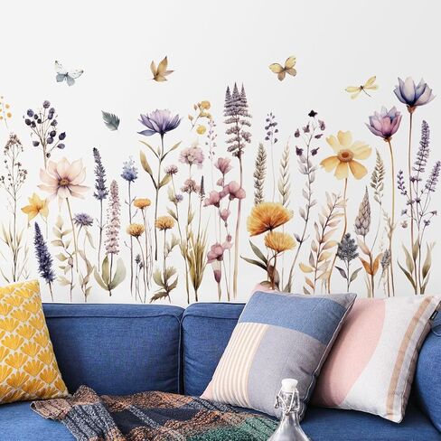 Garden Flower Wall Decals Boho Flower Wall Stickers Watercolor Wildflower Floral Grass Wall Art Plants Leaves Lavender Removable Peel and Stick Wallpaper for Kids Girls Bedroom Nursery Home Decoration in Saudi Arabia