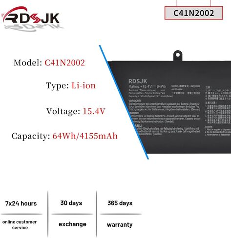 بطارية كمبيوتر محمول C41N2002 لجهاز Asus ZenBook Pro 15 UX535 UX535L UX535LH UX535LI UX535LH-AP1871T UX535LH-BN128R UX535LI-BN141T UX535LI-E2211T UX535LI-H2171R UX535LI-WB723R 0B200-03770100 15.4 فولت 64 وات في الساعة in Saudi Arabia