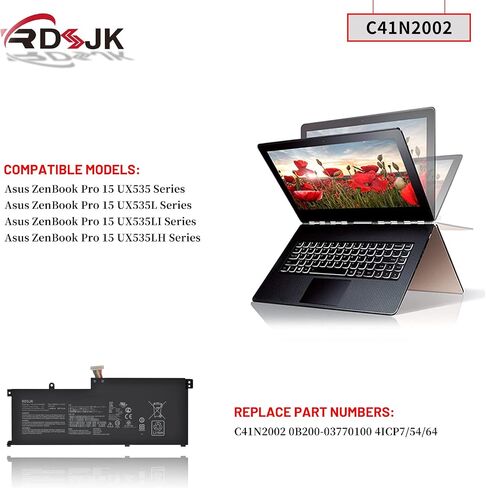 بطارية كمبيوتر محمول C41N2002 لجهاز Asus ZenBook Pro 15 UX535 UX535L UX535LH UX535LI UX535LH-AP1871T UX535LH-BN128R UX535LI-BN141T UX535LI-E2211T UX535LI-H2171R UX535LI-WB723R 0B200-03770100 15.4 فولت 64 وات في الساعة in Saudi Arabia