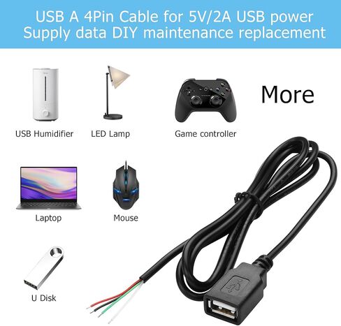 YAODHAOD USB A Female 2 Pin Bare Wire, 22AWG 5V 3A USB 2.0 Female Plug to Bare Wire Open End Extension Cable,for USB Equipment Installed or Replace Repair DIY Cable (5pcs) (USB A 2.0 Female 2 Pin) in Kuwait