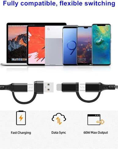 USB C Multi Fast Charging Cable PD 60W Nylon Braided Cord 4-in-1 3A USB/C to Type C/Phone Fast Sync Charger Adapter Compatible with Laptop/Tablet/Phone (3FT) in Saudi Arabia