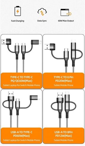 USB C Multi Fast Charging Cable PD 60W Nylon Braided Cord 4-in-1 3A USB/C to Type C/Phone Fast Sync Charger Adapter Compatible with Laptop/Tablet/Phone (3FT) in Saudi Arabia