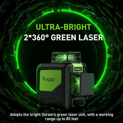 Huepar 901CG مستوى ليزر ذاتي التسوية، أداة ليزر متقاطعة بشعاع أخضر 360 درجة، محاذاة خط أفقي 360 درجة مع وضع النبض، قاعدة محورية مغناطيسية متضمنة in Saudi Arabia