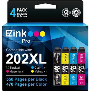 E-Z Ink Pro 202XL Remanufactured Ink Cartridge Replacement for Epson 202 XL 202XL T202XL to use with Epson Expression Home XP-5100 Workforce WF-2860 Printer (4 Packs, Black, Cyan, Magenta, Yellow)
