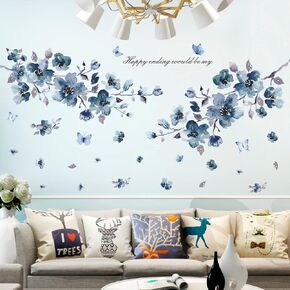 Cherry Blossom Tree Branch Wall Decals Watercolor Pink Flower Birds Wall Stickers Vine Flower Green Leaf Butterfly Wall Art Vinyl Removable Peel and Stick Wallpaper for Kids Nursery Home Decor